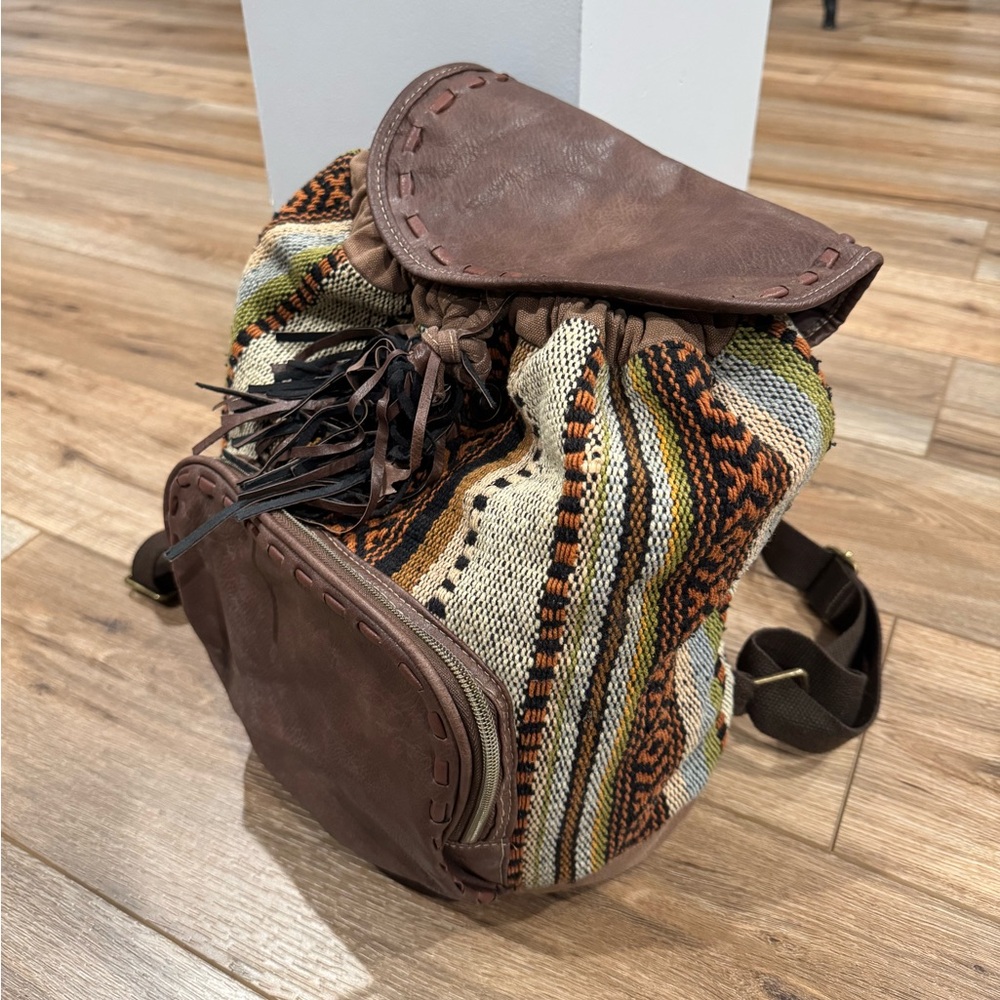 TARGET EXCLUSIVE Brown Boho Style Granola Backpack W/ Fringe & Knit Detailing